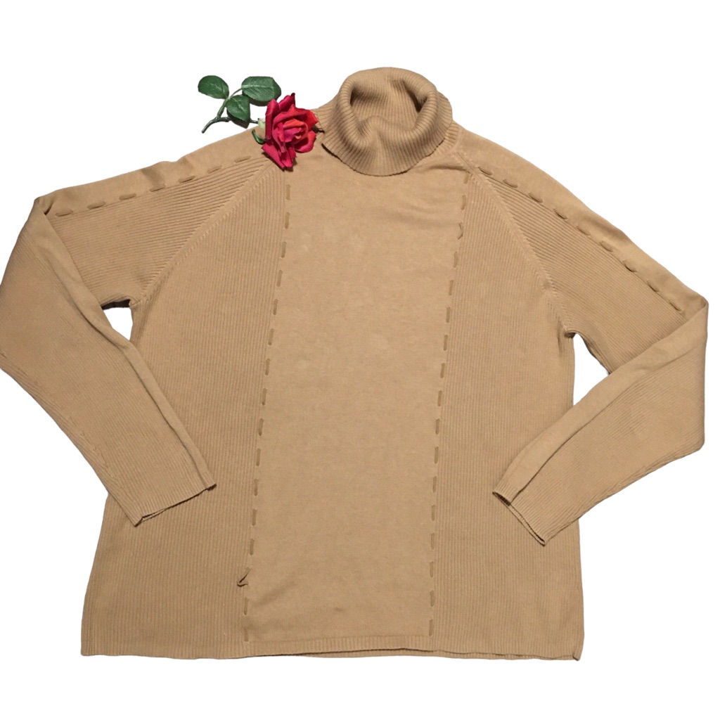 Turtleneck Cowl Neck Pullover Tan Sweater Leather Laced Detail On Arms Xl Euc